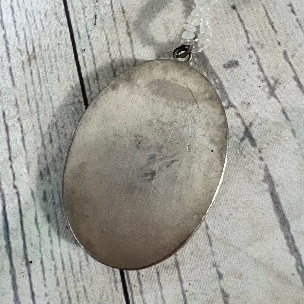 Vintage Blue Stone Necklace Oval Pottery Pendant hand-painted Ceramic Metal OOAK - Picture 8 of 16